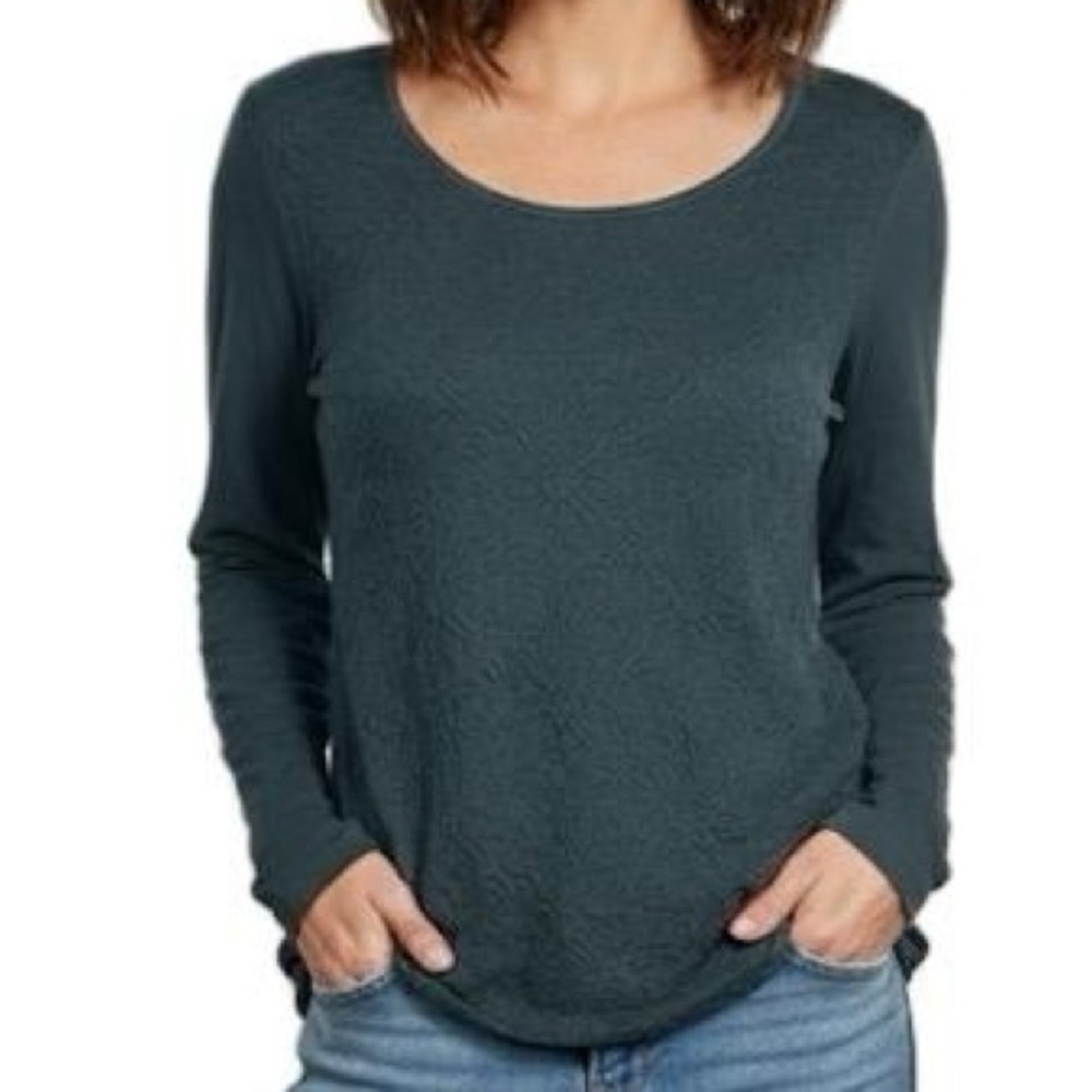 Eddie Bauer Textured Embossed Scoop Neck Long‎ Sleeve Top Dark Teal Crewneck